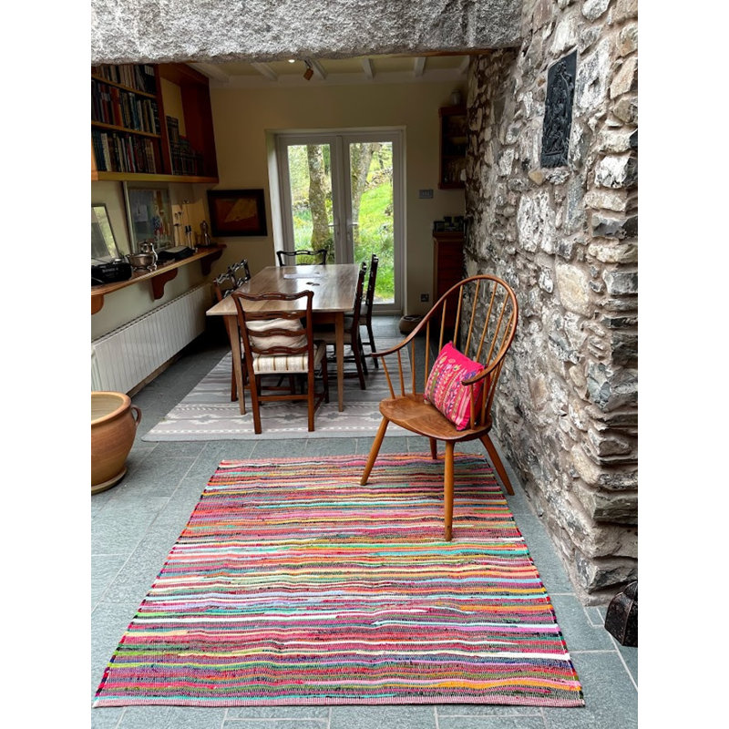 Seth Rainbow Striped Recycled Cotton Handwoven Flatweave Rug, Rectangle 90 x 150cm