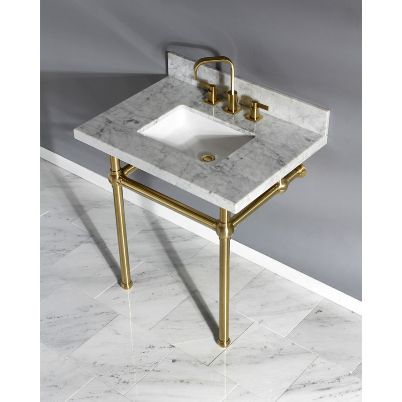 Dessus de meuble-lavabo en marbre Carrara de 30 po avec pieds en laiton Kingston Templeton (8 po, 3 trous), Laiton satiné