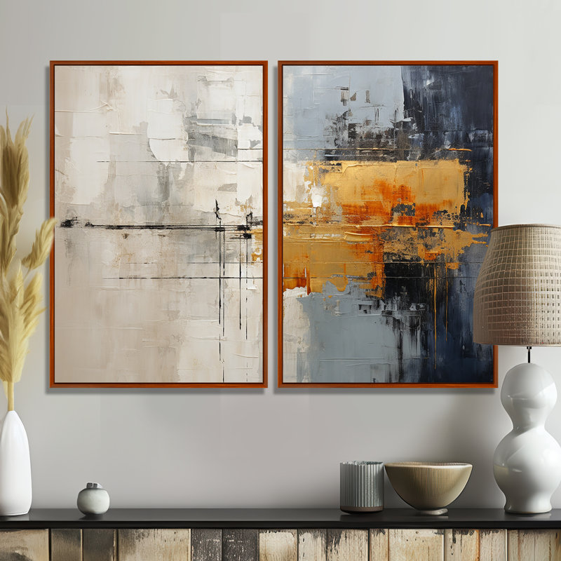 Abstrait paysage urbain II - grand collage abstrait 2 panneaux muraux, Impression encadrée flottante, Brown, 36" H x 48" W