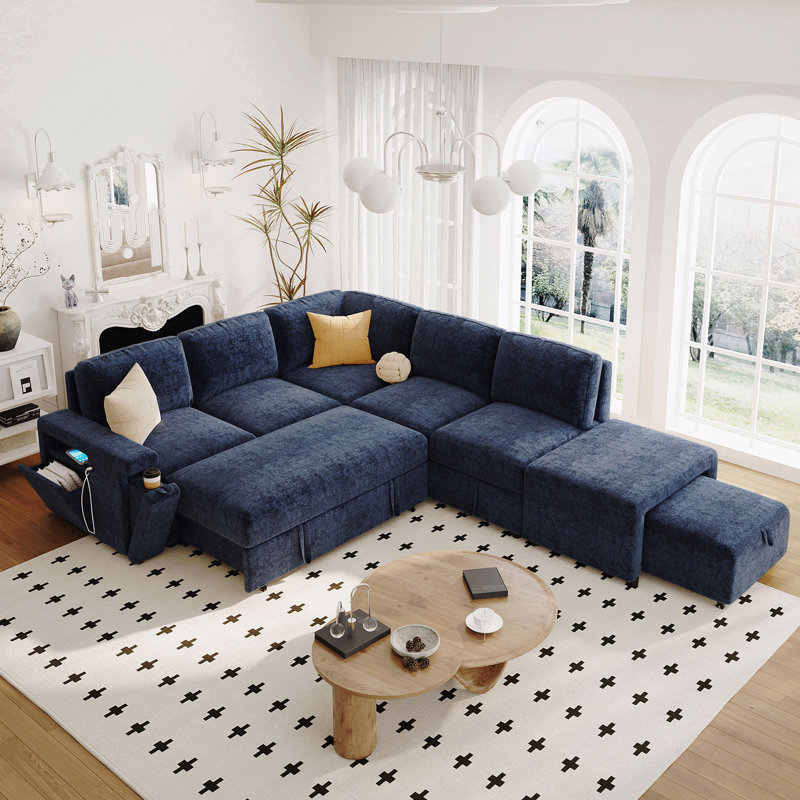 U_STYLE Canapé modulaire rembourré en L avec espace de rangement, Polyester bleu