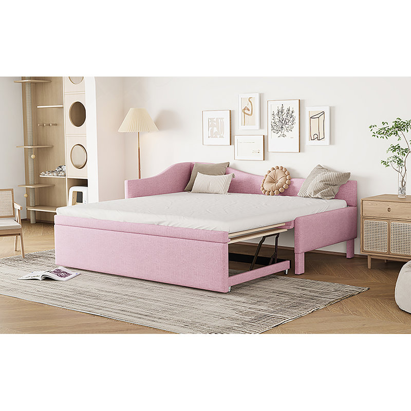 Twin Size Upholstered L-Shaped Upholstered Daybed With Pop Up Trundle, Pink, Pink