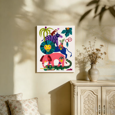 «Jungle Animal Stack / Vibrant Folk Style», cadre mural en bois à l'arrière, peinture murale décorative, 36 L x 24 l