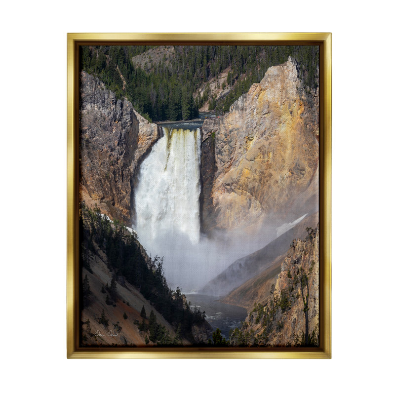 Gold Floater Frame Waterfall in Rocky Cliffs Wall Art