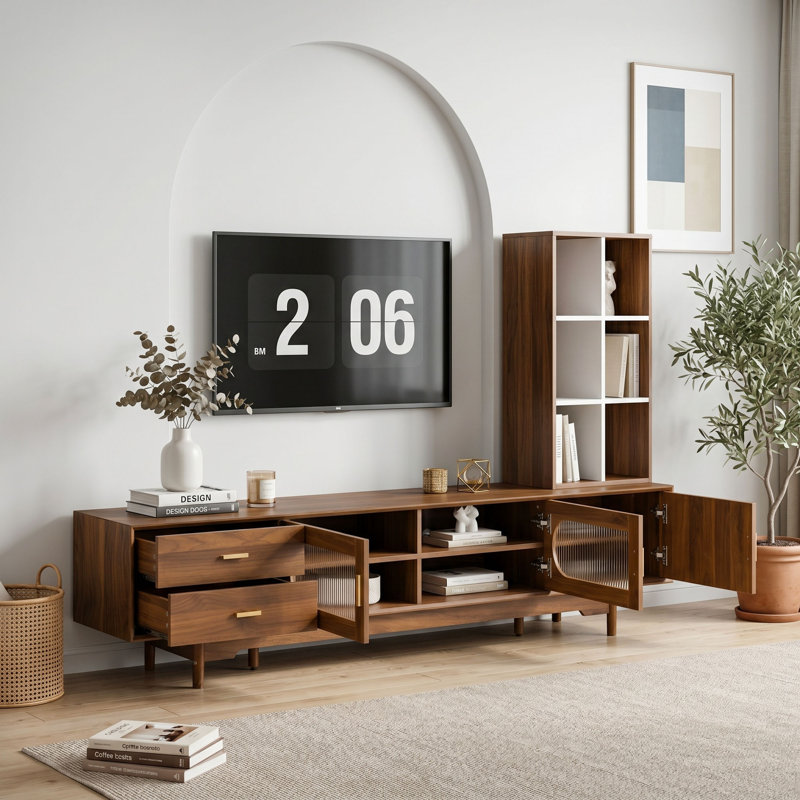Meuble télé contemporain avec portes en verre cannelé, 2 tiroirs et trous de câbles intégrés