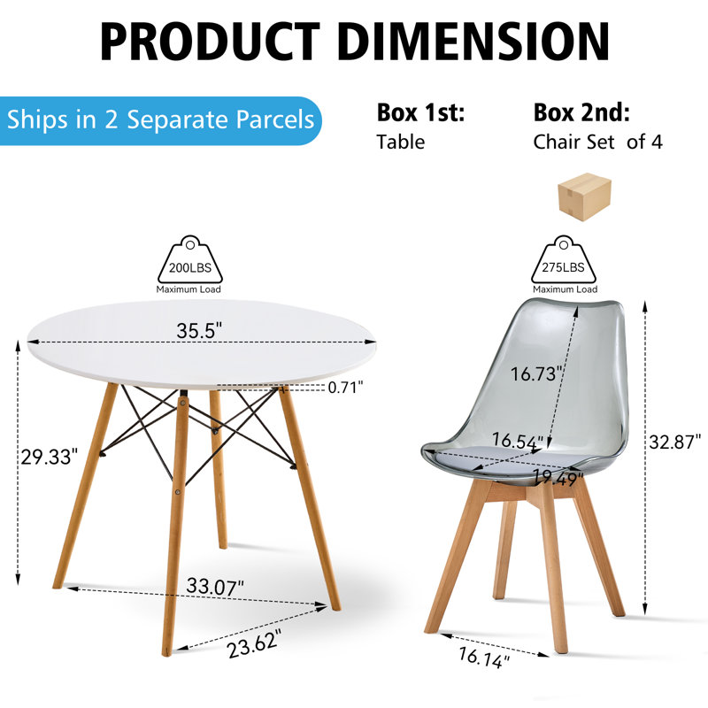 Ensemble table et chaises rondes 5 pièces pour 4 personnes, table noire de 80 cm avec chaises en bois acrylique gris, gain de place pour appartement ou bureau à domicile
