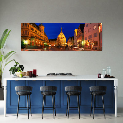 Town Center Decorated With Christmas Lights Rothenburg Germany 1 Piece Wrapped Canvas Panoramic Wall Art