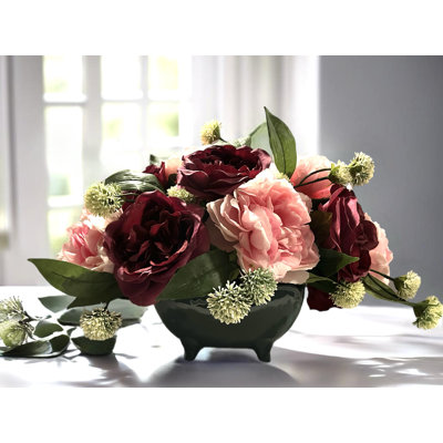 Arrangement floral pivoine rose et bourgogne mauve 18 po de long vert sauge