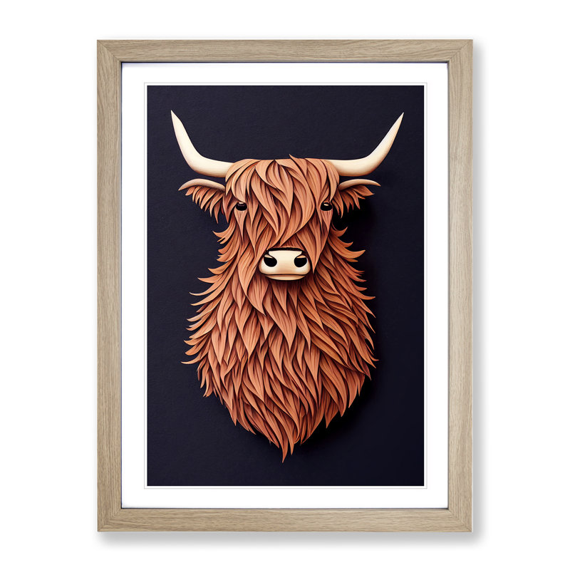 Bust of a Highland Cow - Wall Art, 36cm H x 27cm W x 2cm D, Oak Framed, White