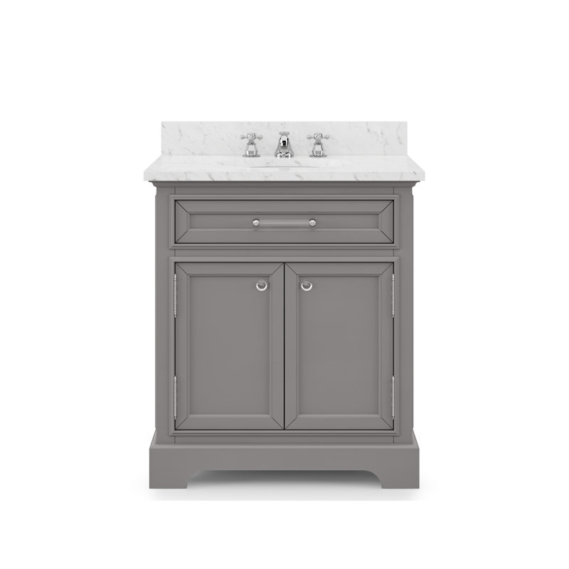 Derby 30" Carrara White Marble Countertop Bath Vanity with Faucet, Gray, Mirror Included