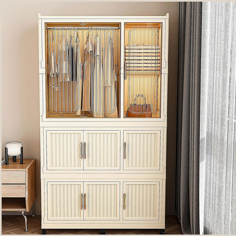 Portable Wardrobe Closet Storage Organizer for Clothes, 9 Magnetic Doors, 9 Cubes & 1 Hanging Rod, Wardrobe Storage Cabinet
