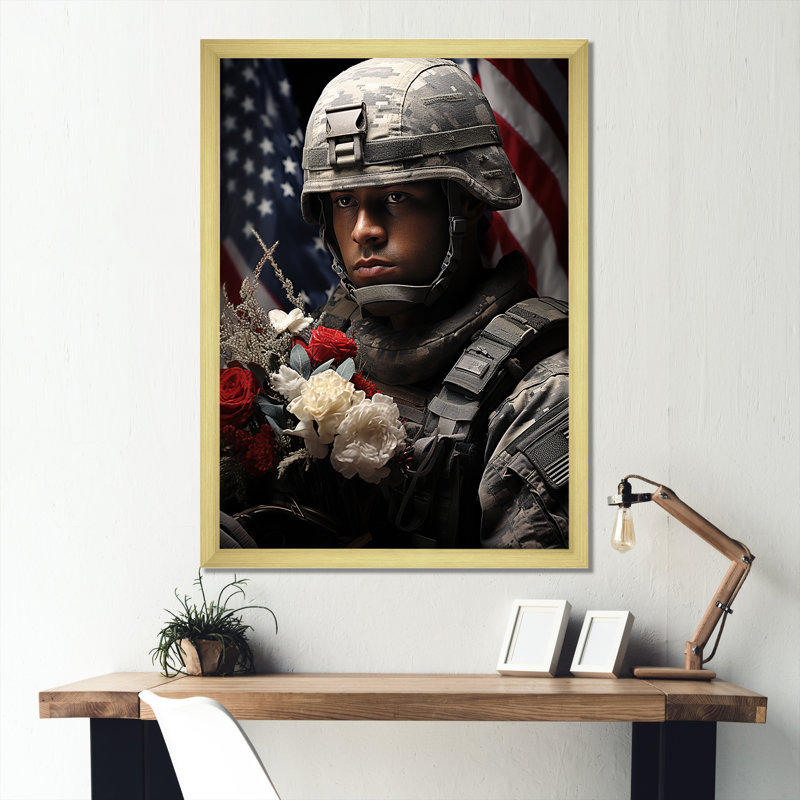 «Military Patriot Solider USA», impression sur toile, Cadre doré simple, H 20 po x l 12 po x P 1 po