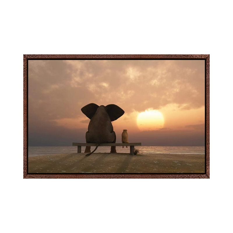 Elephant And Dog Sit On A Summer Beach At Sunset by Mike Kiev - Wrapped Canvas Print, 66.04 cm H x 45.72 cm W