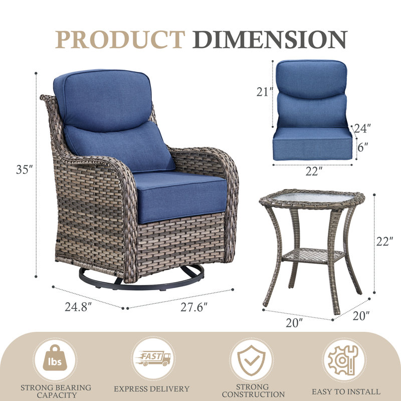 Ensemble de conversation d'extérieur 3 pièces avec chaises berçantes pivotantes en osier et table d'appoint Deb, Bleu, Gris