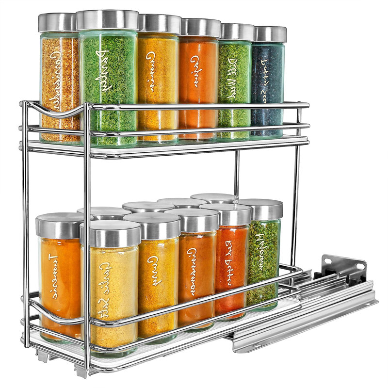 Pull Out Spice Rack Organizer For Inside Kitchen Cabinets,Slide Out Drawer,Chrome Sliding Spice Cabinet,2 Tier,(Chrome)