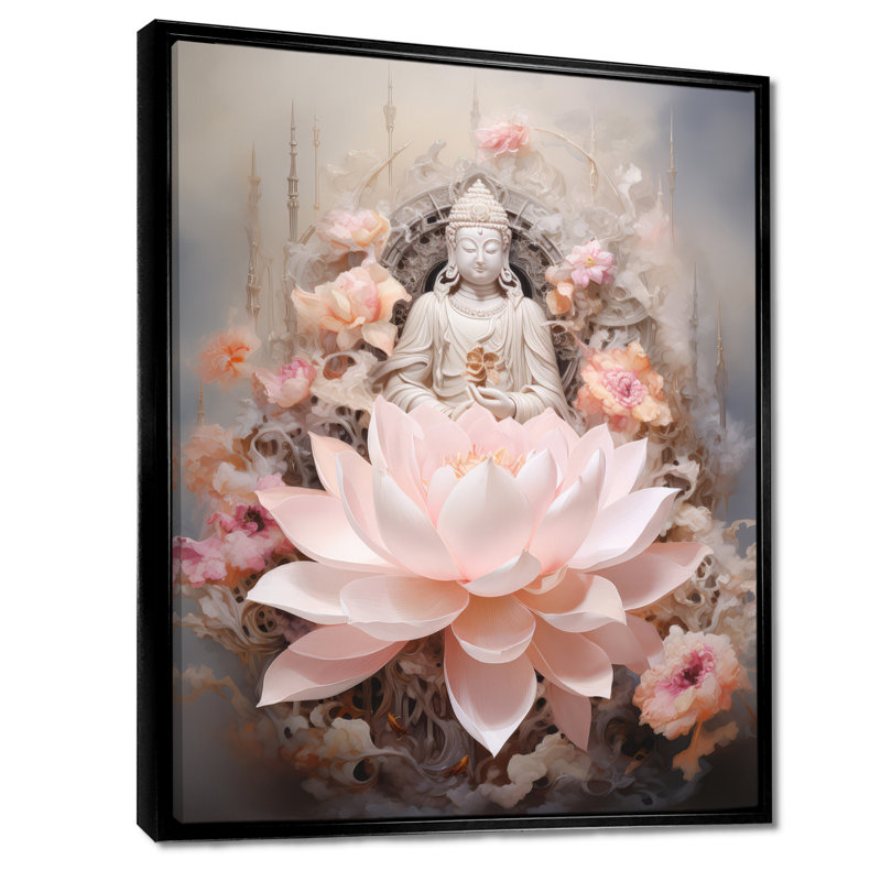 Bouddha rose, lotus de la sagesse sur toile, L 12 po x H 20 po x P 1 po, Cadre flottant noir