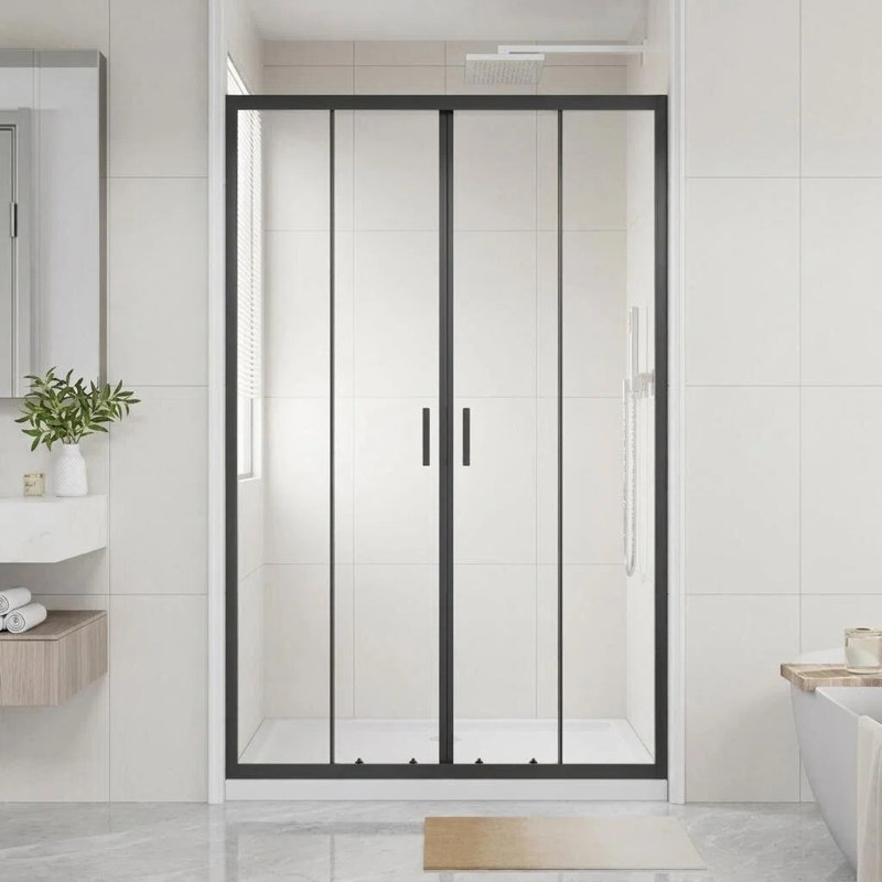 Porte de douche coulissante encadrée 48 po x 72 po à 4 panneaux, ouverture centrale, verre trempé de 6 mm, cadre en aluminium noir