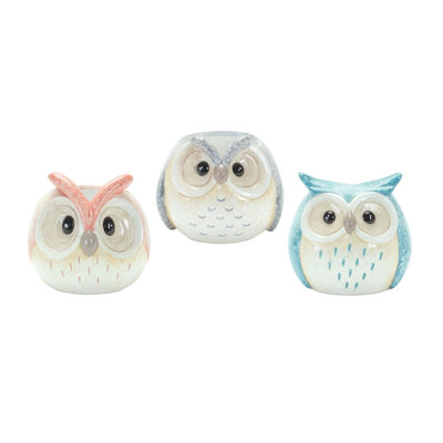 Ensemble de trois figurines de hibou bleu et gris en résine de 4 po