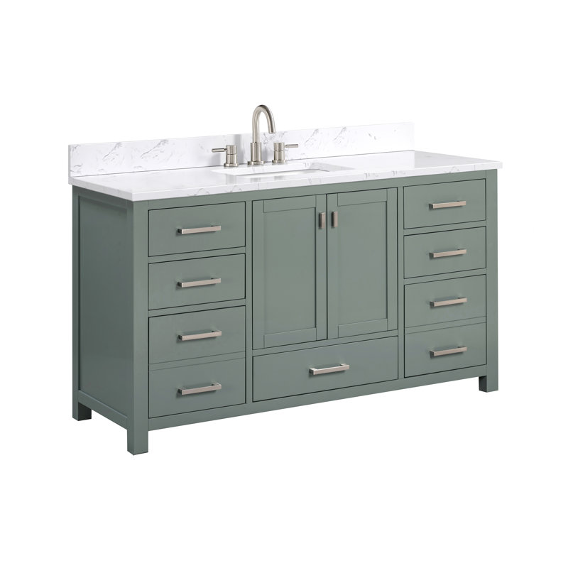 Meuble-lavabo simple 60 po avec plateau Souther, Marbre blanc de Cala, Nickel brossé, Vert fumée