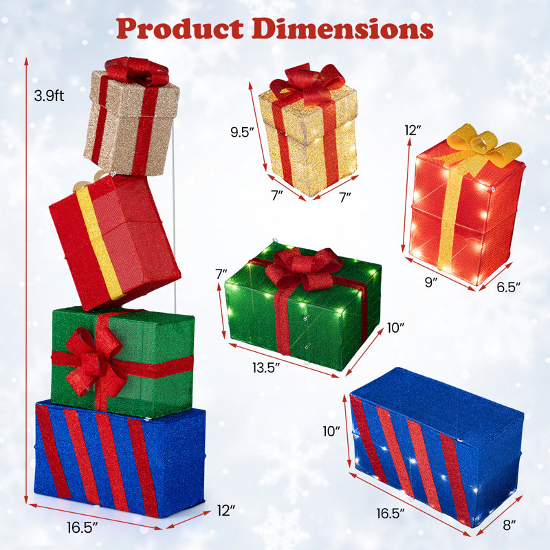 Multicolore boîtes-cadeaux de Noël 4 pièces avec lumières colorées Gymax