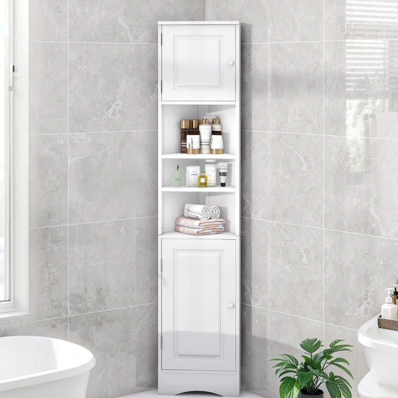 Armoire de rangement d'angle pour salle de bain avec 2 portes, tablettes réglables, tablettes ouvertes multi-couches, Blanc