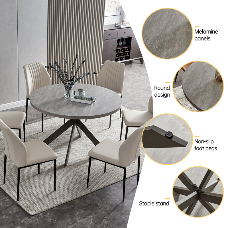 Cappelletti Round Steel Pedestal Dining Table Set, White, 7 Pieces: Table, 6 Chairs