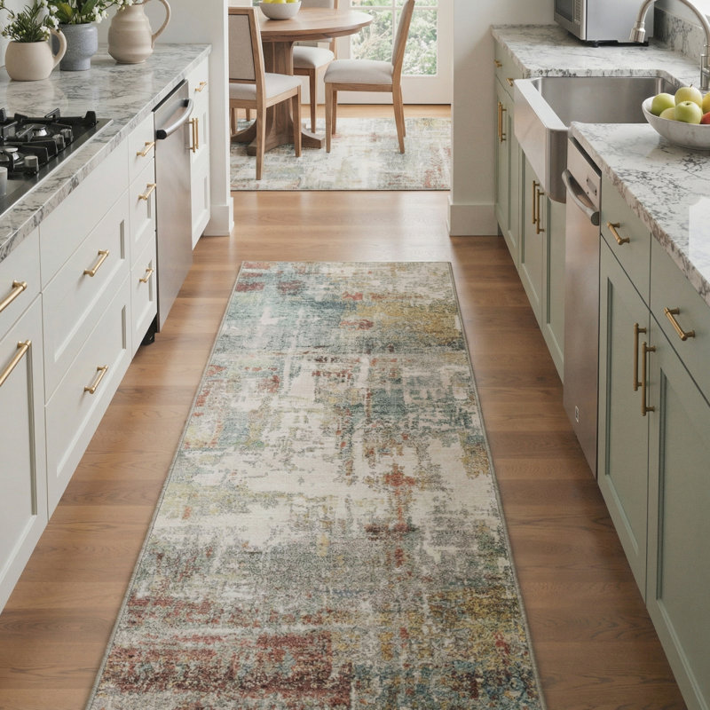 Pavelina Abstract Machine Washable Mosaic / Ivory White Indoor Area Rug With Non-Slip Backing, Runner 2' x 6'