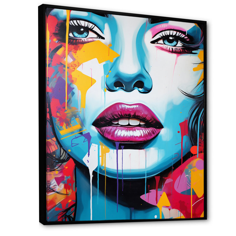 Pop Art bleu et orange, portrait de femme I - impressions d'art moderne, H 32 po x l 24 po x P 1 po, Cadre flottant noir