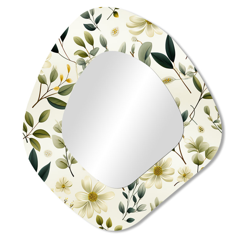 Botanical Neutrals Boho Pattern II - Boho Irregular Shape Decorative Mirror, Bohemian Asymmetrical Wall Mirror, Printed Metal Art