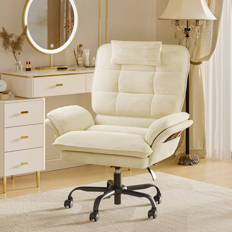 Labelle 24.8'' W Cross-Legged Office Chair with Flip-up Arms, Ergonomic Swivel Executive Chair With Headrest, Beige Velvet