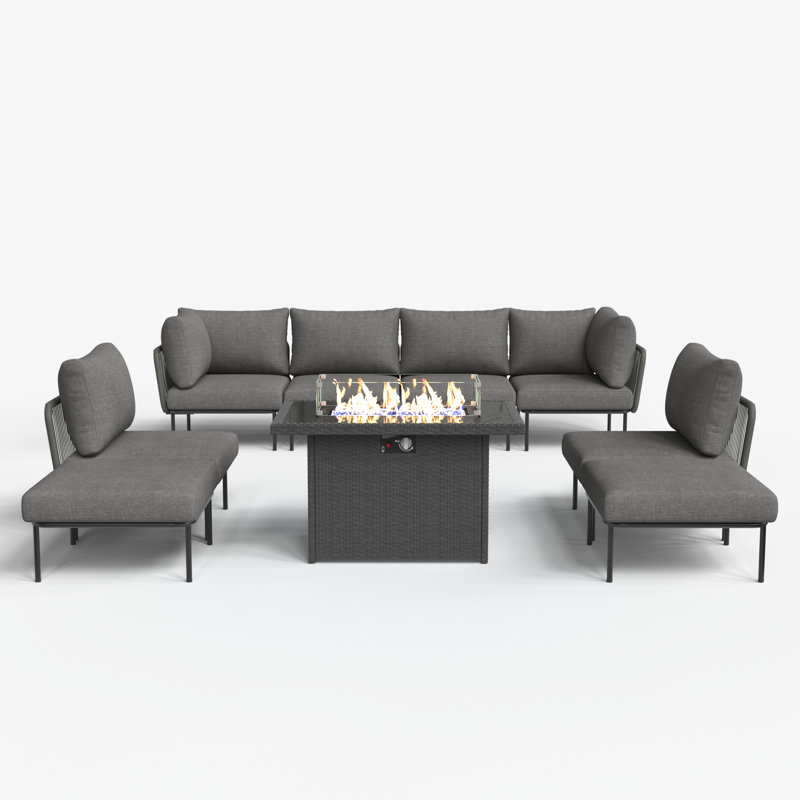 Ebern Designs 9 Pieces Aluminum Patio Furniture Set, Modern Modular Sectional Sofa with Fire Pit Table and Upgrade Thickness Cushion