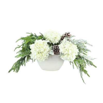 Cottleville Holiday Arrangement with Sage, Hydrangeas and Pinecones
