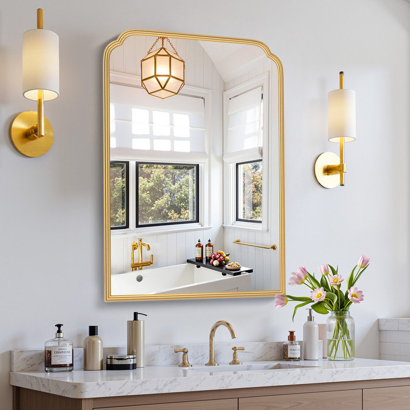 Miroir de salle de bain moderne à coins arrondis, 36" x 24", Or, Métal métal