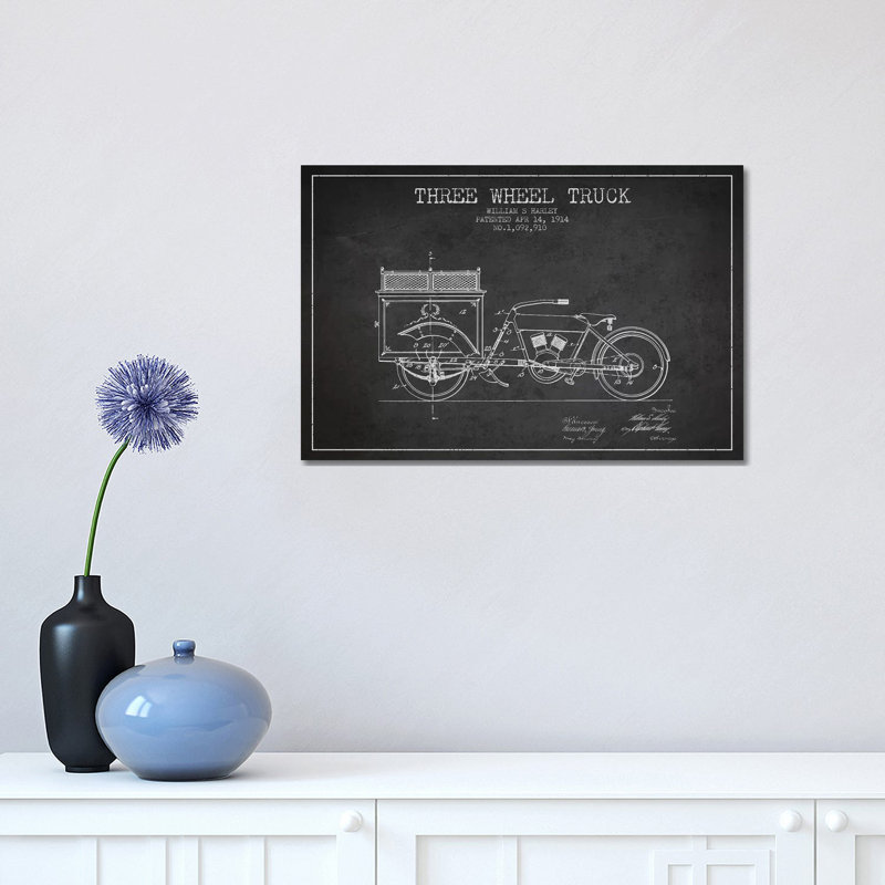 William S. Harley Three Wheel Truck Patent Sketch (Charcoal) by Aged Pixel - Wrapped Canvas Print