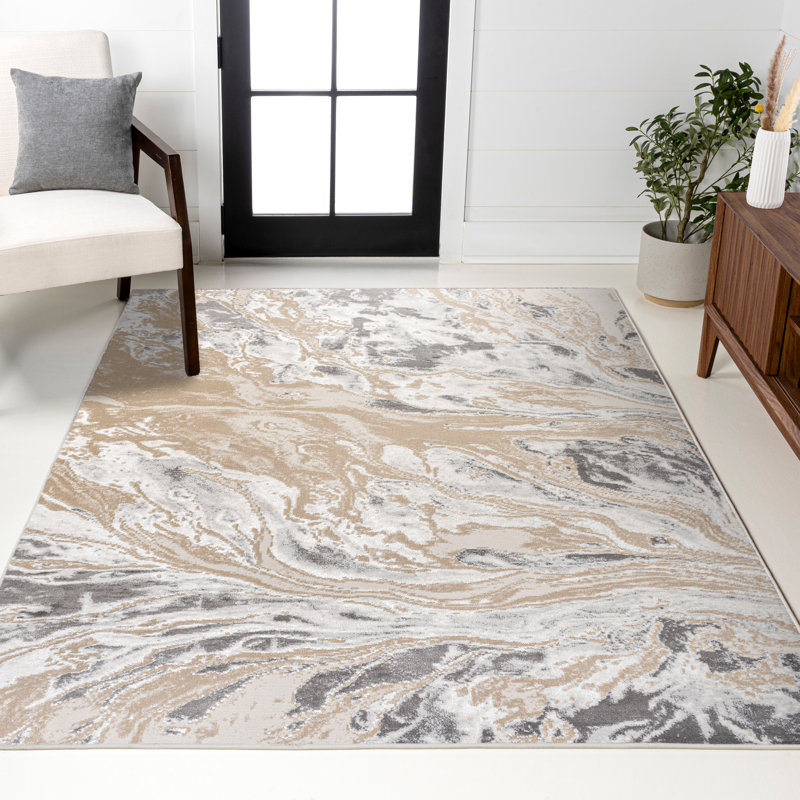 Tapis beige / ivoire à motif marbré Bille, Rectangle de 5 pi x 8 pi