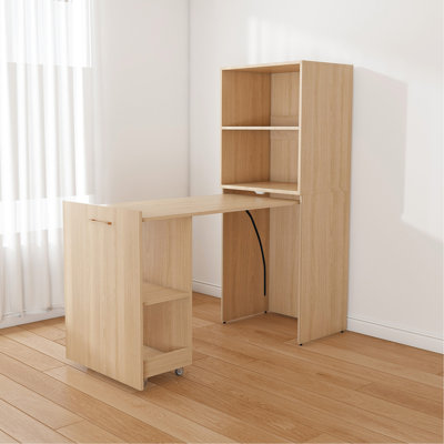 Stretchable Desk, Office Desk With Storage Shelves And Mobile Wheels, Foldable Desk Suitable For Small Apartments And Offices,Burlywood