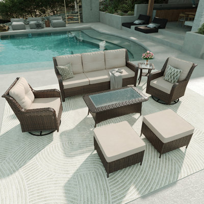 7-Piece All-Weather Wicker Patio Conversation Set With Swivel Chairs & Glass Coffee Table
