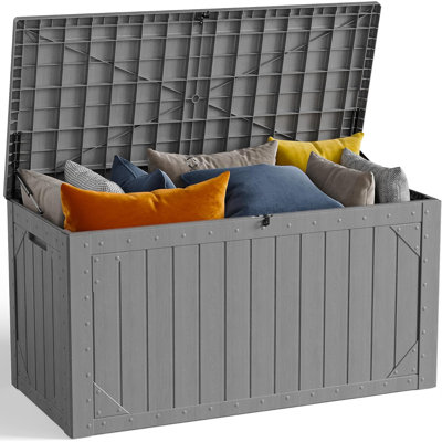 Grande boîte de rangement de 100 gallons, boîtes de rangement extérieures en résine pour meubles de jardin, outils de jardin, résistantes à l'eau et verrouillables