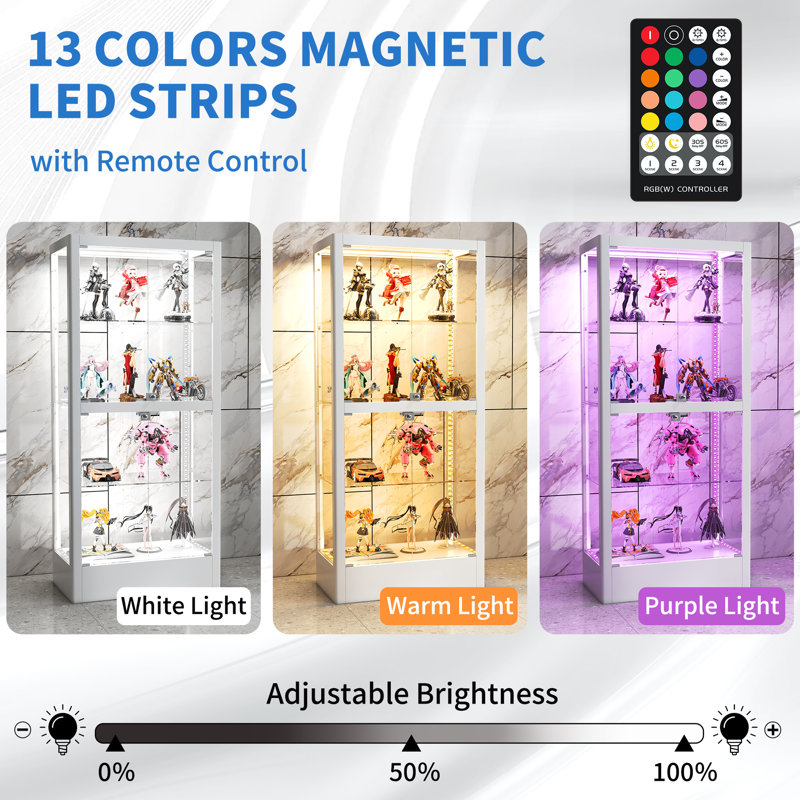 63" Freestanding 4-Sided Glass Display Cabinet With Magnetic LED Light Strip, White
