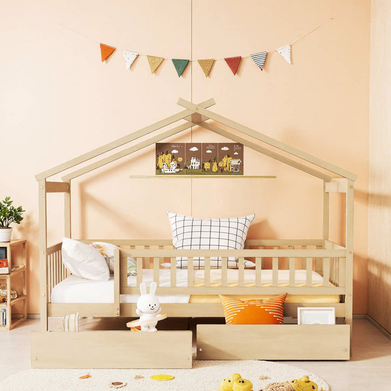 Lit simple en bois naturel avec deux tiroirs de rêve Whimsical, Naturel
