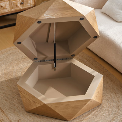 Table basse de 36,61 po de style rétro Polygon avec plateau rabattable pour un accès pratique, rangement caché, table basse cylindrique en placage de bois massif avec rangement pour le salon, la chambre à coucher et le bureau, noir