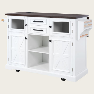 Timeless Kitchen Island With Drop Leaf & Power Outlet – Versatile Kitchen Storage Cart With 4 Door Shelves, Cross Barn Doors & Visual Glass Door On Ro