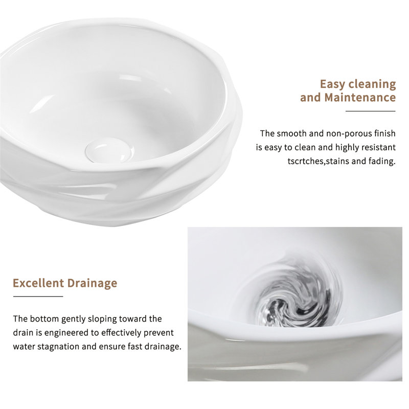 Round Diamond-Quilted Ceramic Vessel Sink - 15.75"×5.9" Textured Bathroom Basin