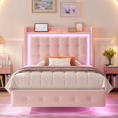 Upholstered Platform Bed with LED Lights, Charging Port, Floating Bed