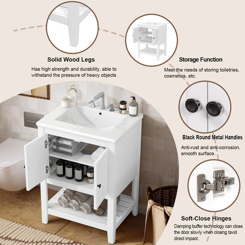 Meuble-lavabo simple 24 po avec comptoir en céramique 24 po, Blanc / noir
