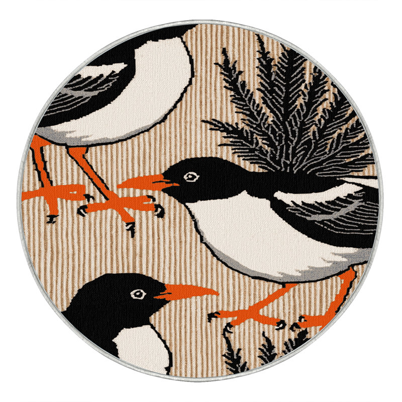 Washable Oriental Magpie Robin Birds Area Rug, Round 8'