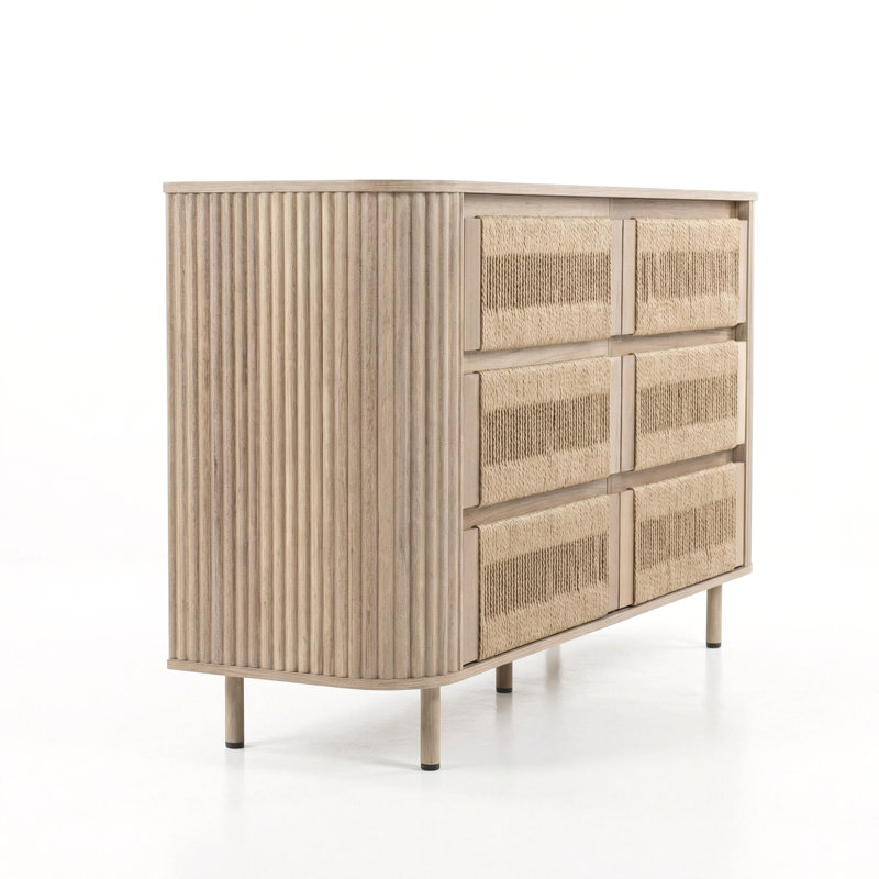 Cord Cabinet Dresser with 6 Storage Drawers for Living Room, or Entryway, Natural