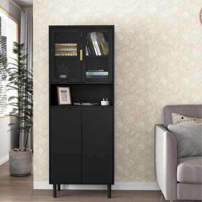 Meuble de rangement noir à 4 portes avec portes en verre trempé - Adaptable aux espaces de portes d'armoires hautes pour le salon et la chambre