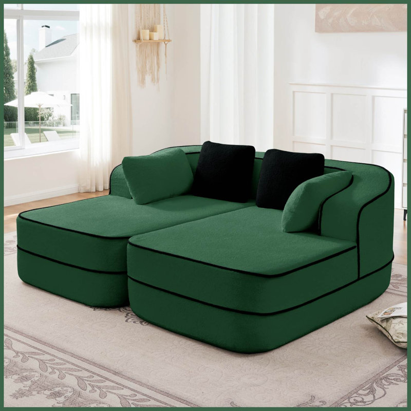 77.2" Teddy Fabric Boneless Sofa Bed, Green Teddy