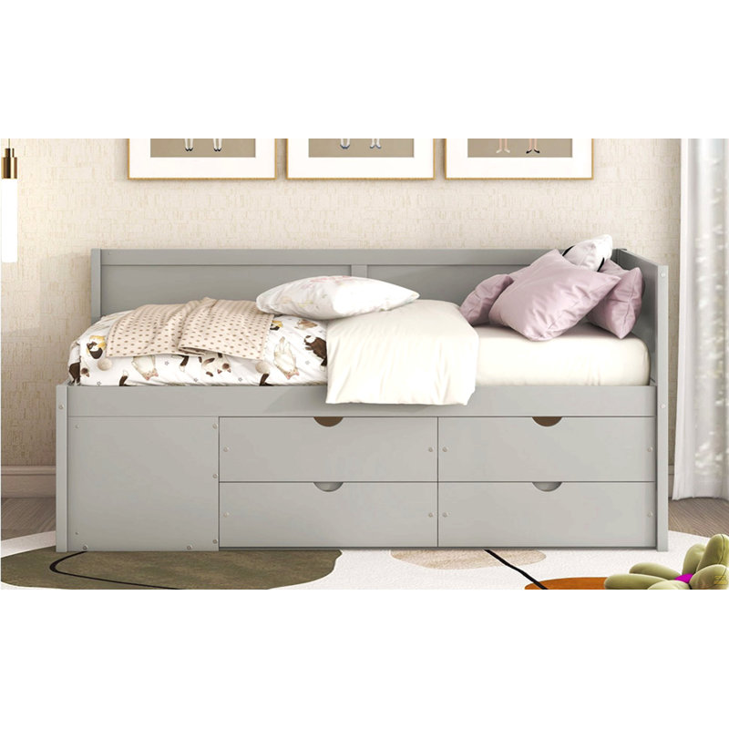 Lit de jour simple avec tiroirs et tablettes, Gris, Lit simple