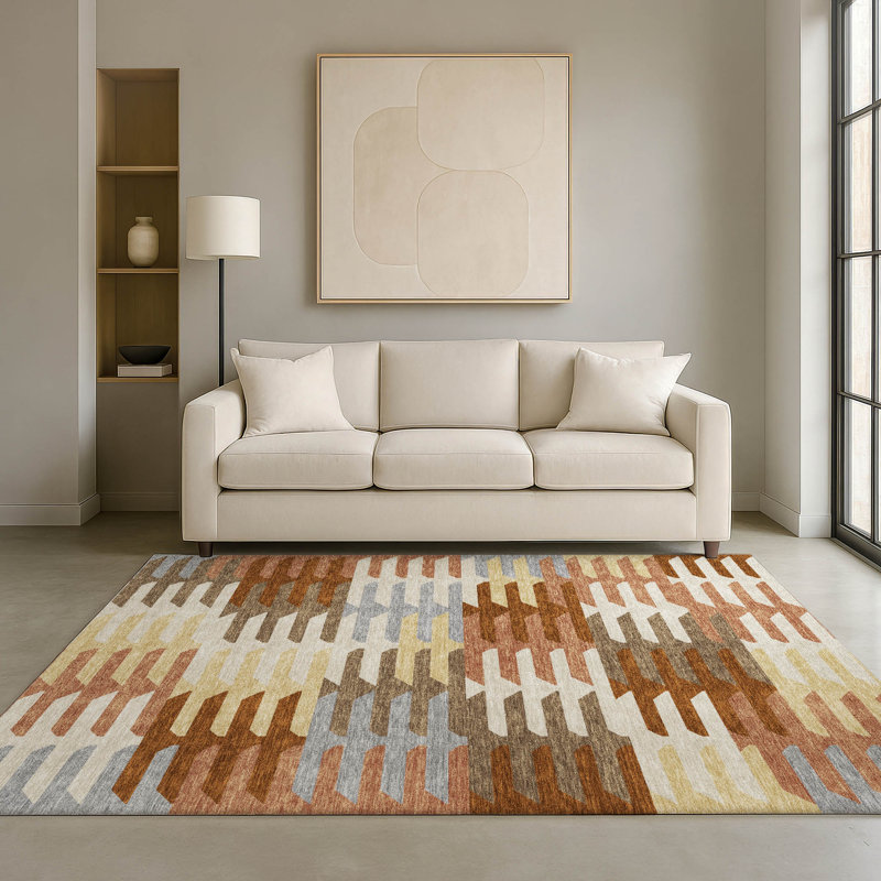 Tapis géométrique de qualité supérieure lavable à la machine AMF2328 Mayfield, 3 pi x 5 pi, Cuivre